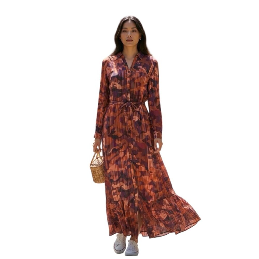 Claire Woman Maxi Dress Belted Button Front Abstract Viscose Resort Travel Small